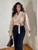 Women's Khaki Cropped Lapel Collar Trench Long Sleeves With Belt Double-breasted Jacket New High Street Casual Loose Coats