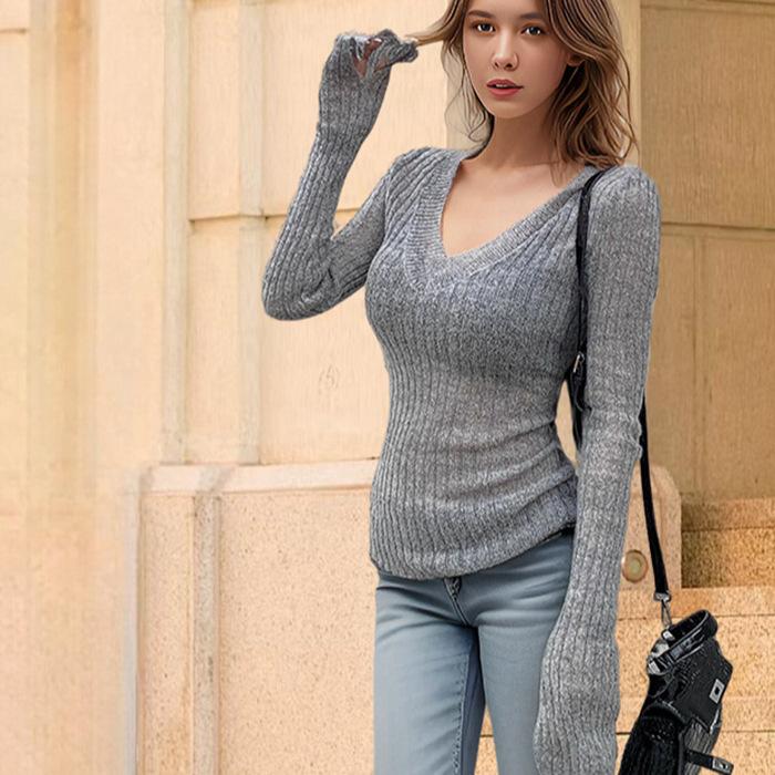 Casual Solid Knit Sweater Ladies V Neck Crew Neck Warm Daily Long Sleeve Blouse