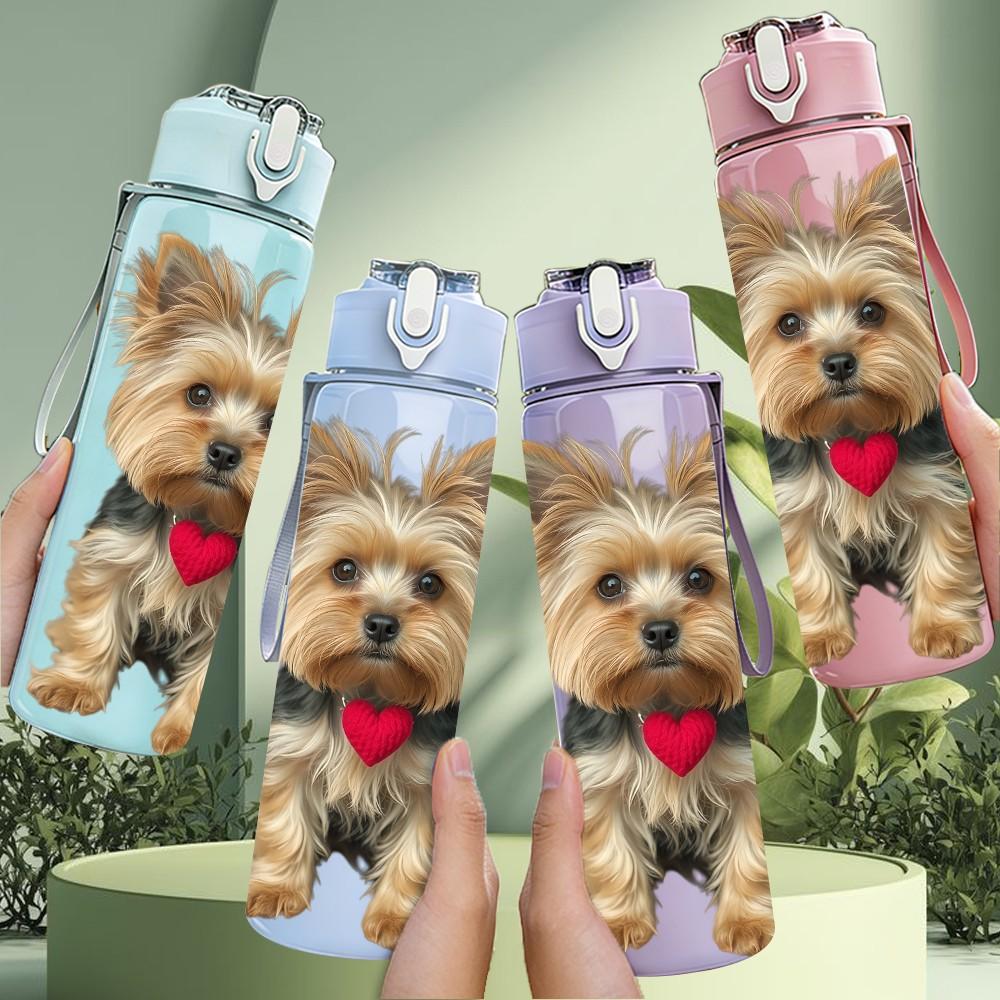 1PC Heart Shape Terrier Dog Print 750ml Color Plastic Sports Water Bottle Leakproof Flip Straw Lid Suitable for Sports Office Home Use