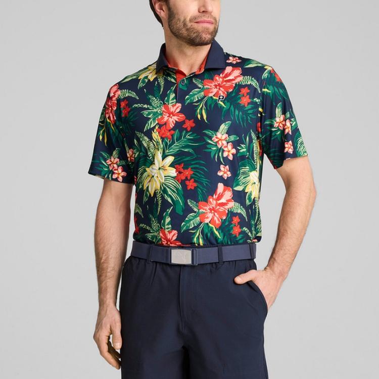 Puma X Ptc Floral All Over Print Casual Fashion Golf Short Sleeve Polo Shirt Men Polo Shirts Deep-Navy 629569-01