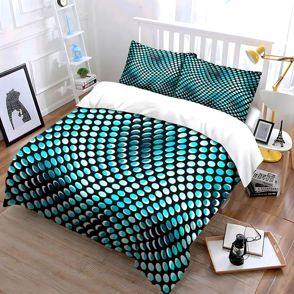 3Pcs Teal and White Dot Wave Bedding Set, Abstract Geometric Print Duvet Cover + 2 Pillowcases, Minimalist Decor