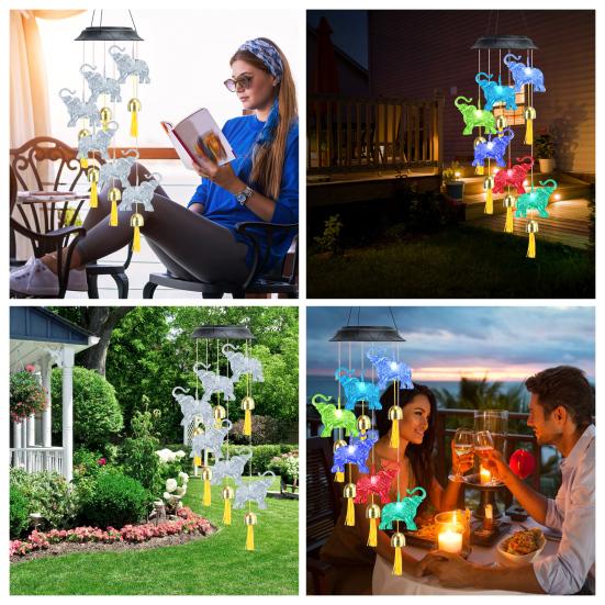 Solar Elephant Wind Chime Waterproof LED Color Changing Mobile Light Outdoor Decor for Garden Patio Courtyard