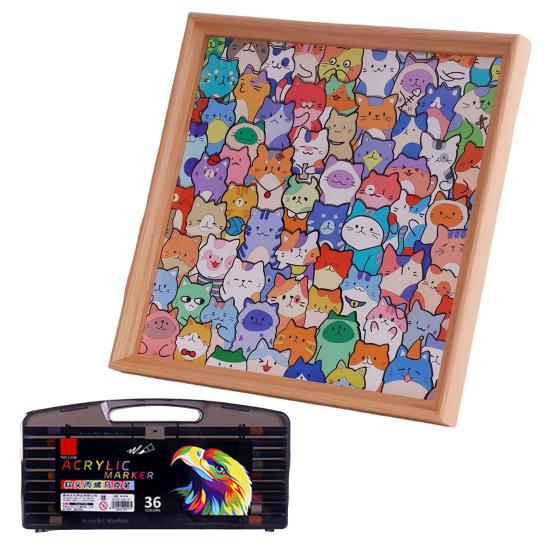 Yousheng DIY Wooden Cat Coloring Puzzle with Frame Pens 2-in-1 Coloring Irregular Jigsaw Puzzle Craft Kit 3D Puzzle Photo Frame Ornament Decoration