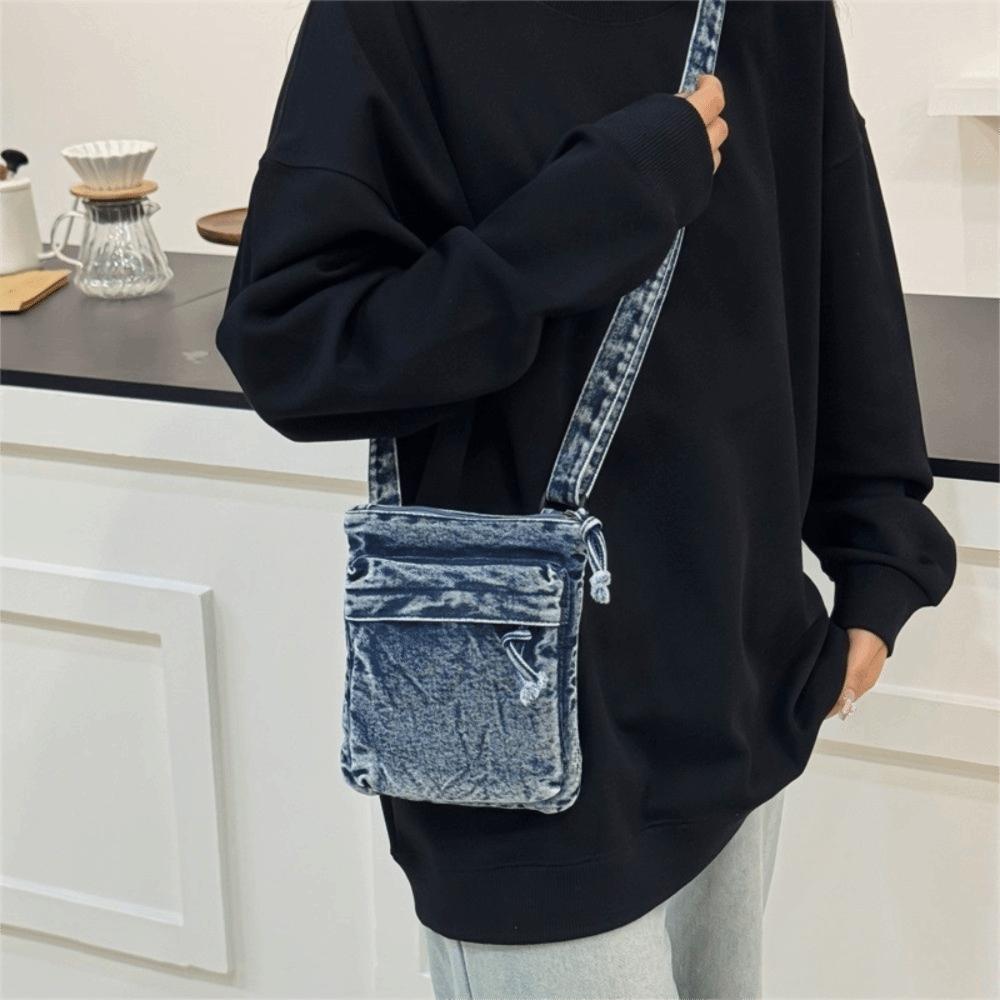 Multi-Pocket Denim Shoulder Bag Zipper Closure Messenger Bag Casual Canvas Crossbody Bag  Women