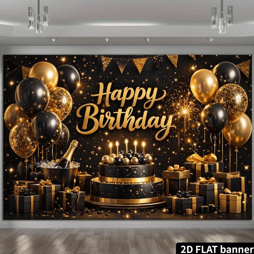 2D Plane Black-Gold Luxurious Birthday Party Background Cloth, Black-Gold BalloonsDJH