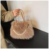 2025 Autumn and Winter New Plush Handbag Fashion Pearl Chain Messenger Bag High Value Small Square Bag