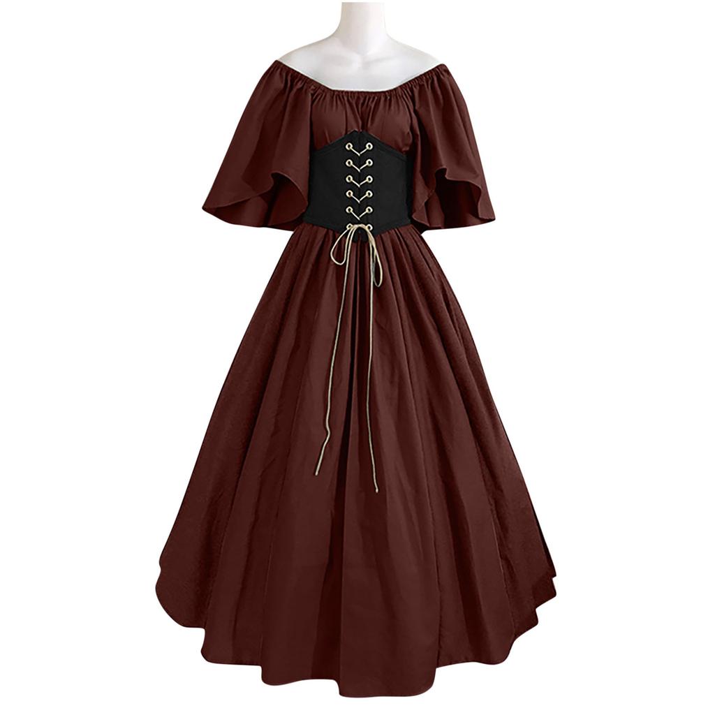 Women's Round Neck Dress Flare Sleeve Off Shoulder Medieval Vintage Dresses with Corset Patchwork Ball Gown