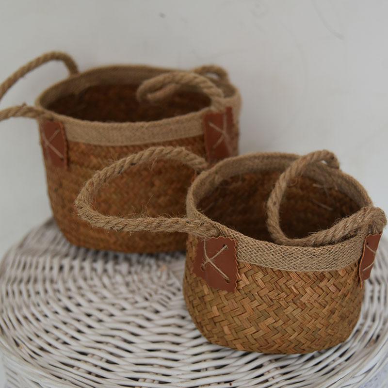 2 шт./комплект Плетеная из морских водорослей Портативная корзина для хранения Многоцелевой ручной работы Бытовой контейнер для хранения Декоративный органайзер
