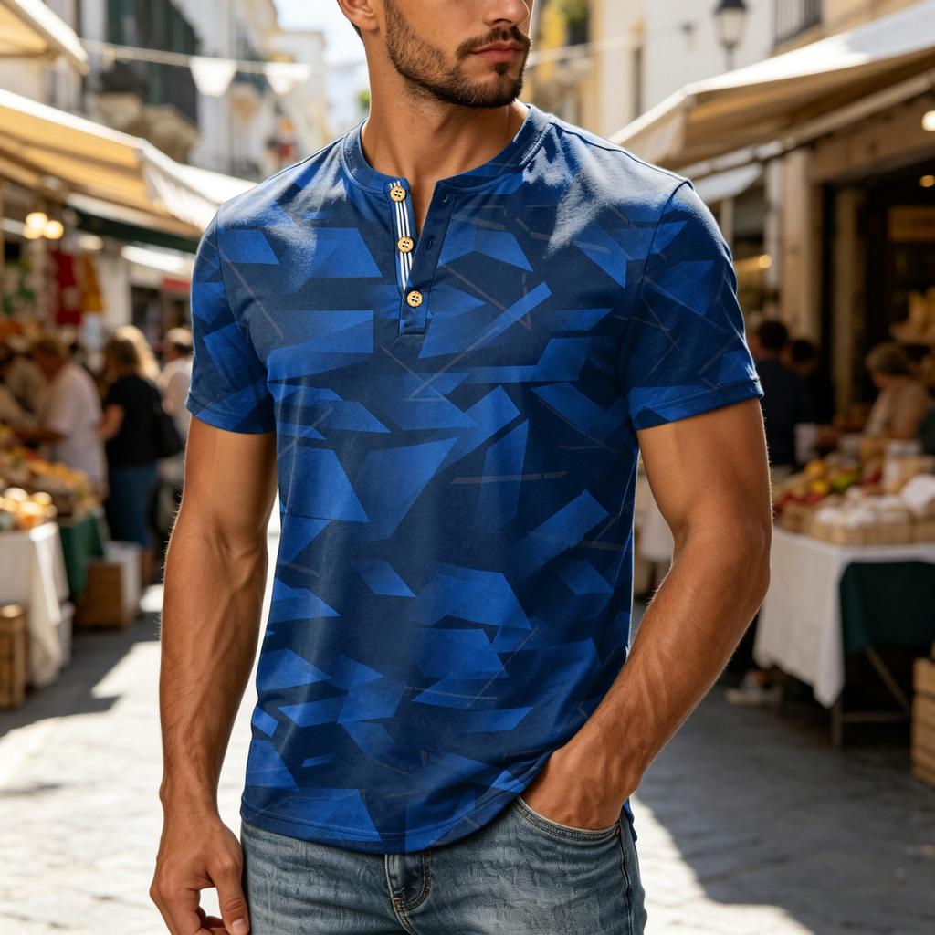 Мужская футболка-henley с коротким рукавом Повседневная с планкой на пуговицах Легкая дышащая летняя футболка Зауженный крой Мягкая ткань