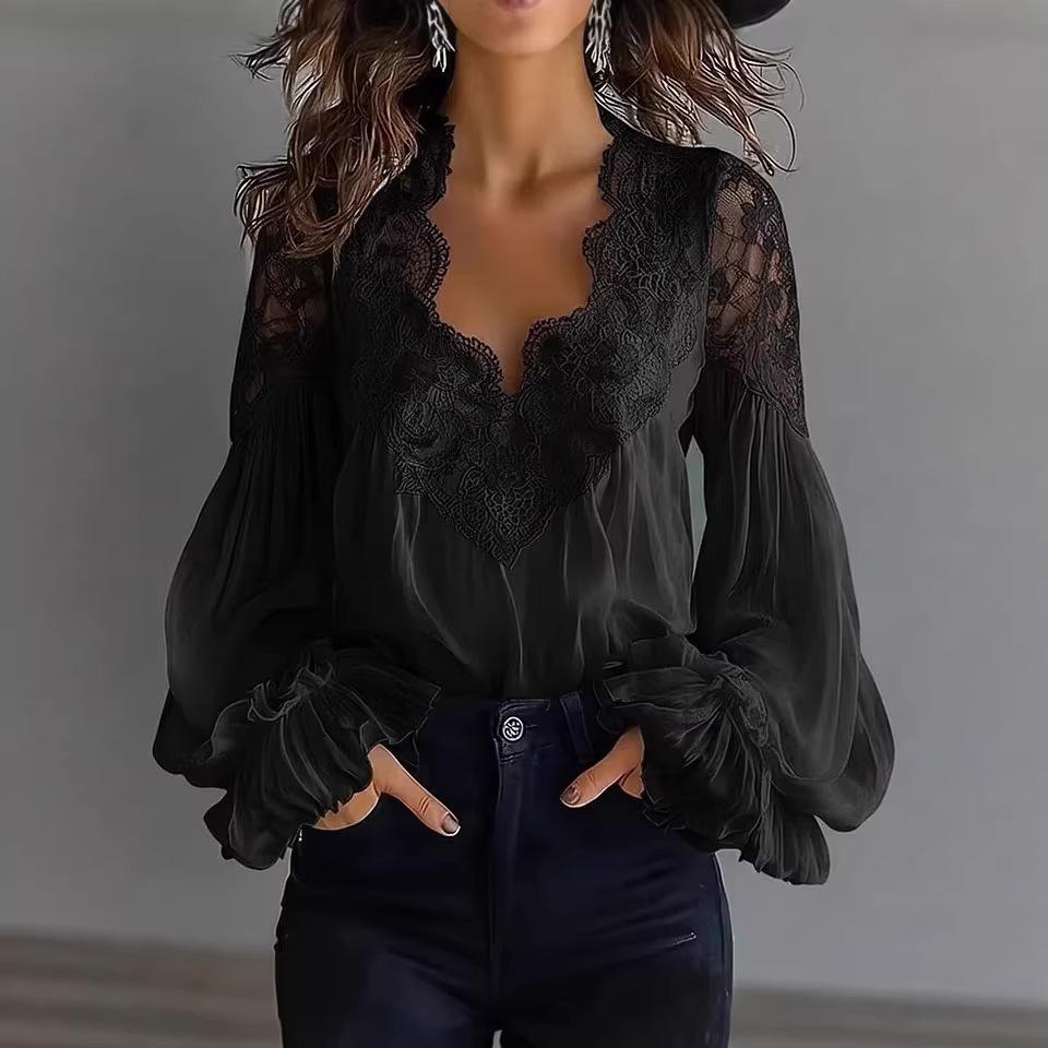 Женская рубашка с кружевной аппликацией, пэчворком, пышными рукавами и плиссировкой, 2026 г., европейская и американская