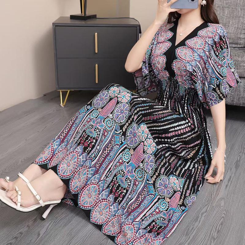 Этническое платье с V-образным вырезом и короткими рукавами из вискозы с французско-тайским принтом для женщин, к 25-летнему юбилею