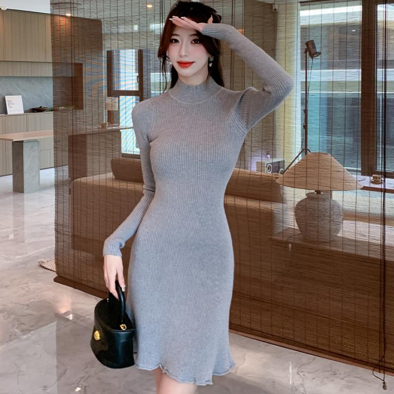 Осенне-зимнее облегающее трикотажное женское платье с длинным рукавом, А-силуэт, оборки, свитер, платья для женщин, повседневное, с высокой талией, элегантное, короткое платье 25958
