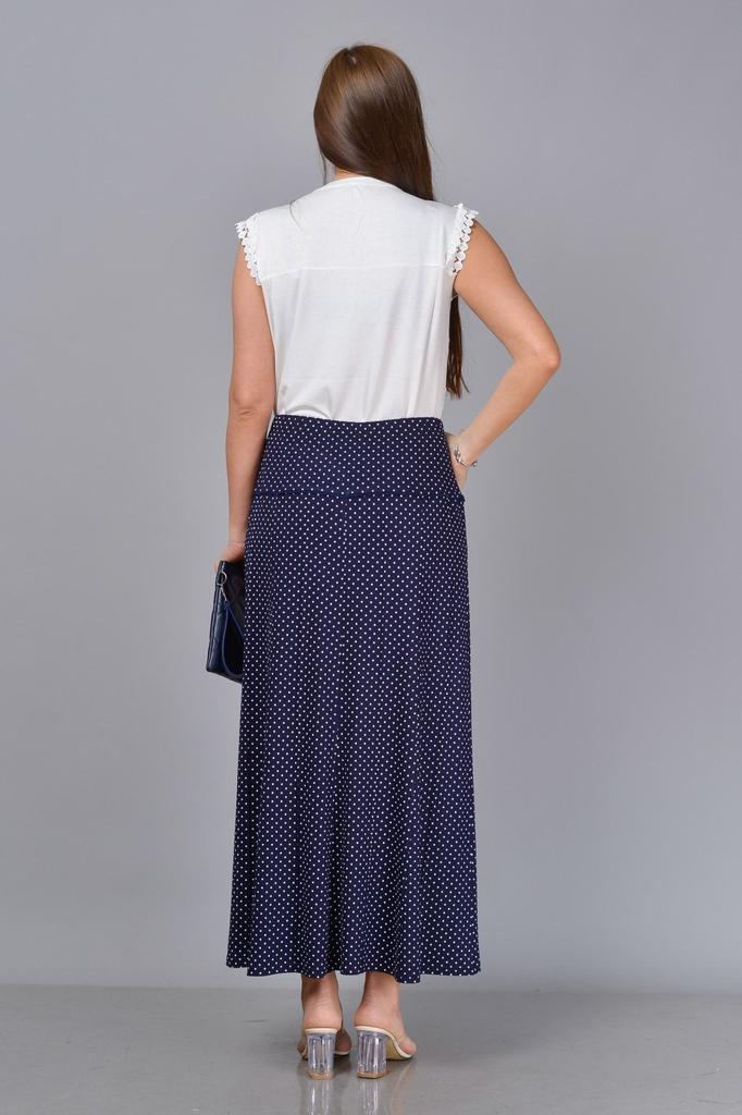 Women's Style Big Size Skirt Navy Blue Polka Dot Patterned, Elastic Waist, Partial Woven Plus Size Skirt