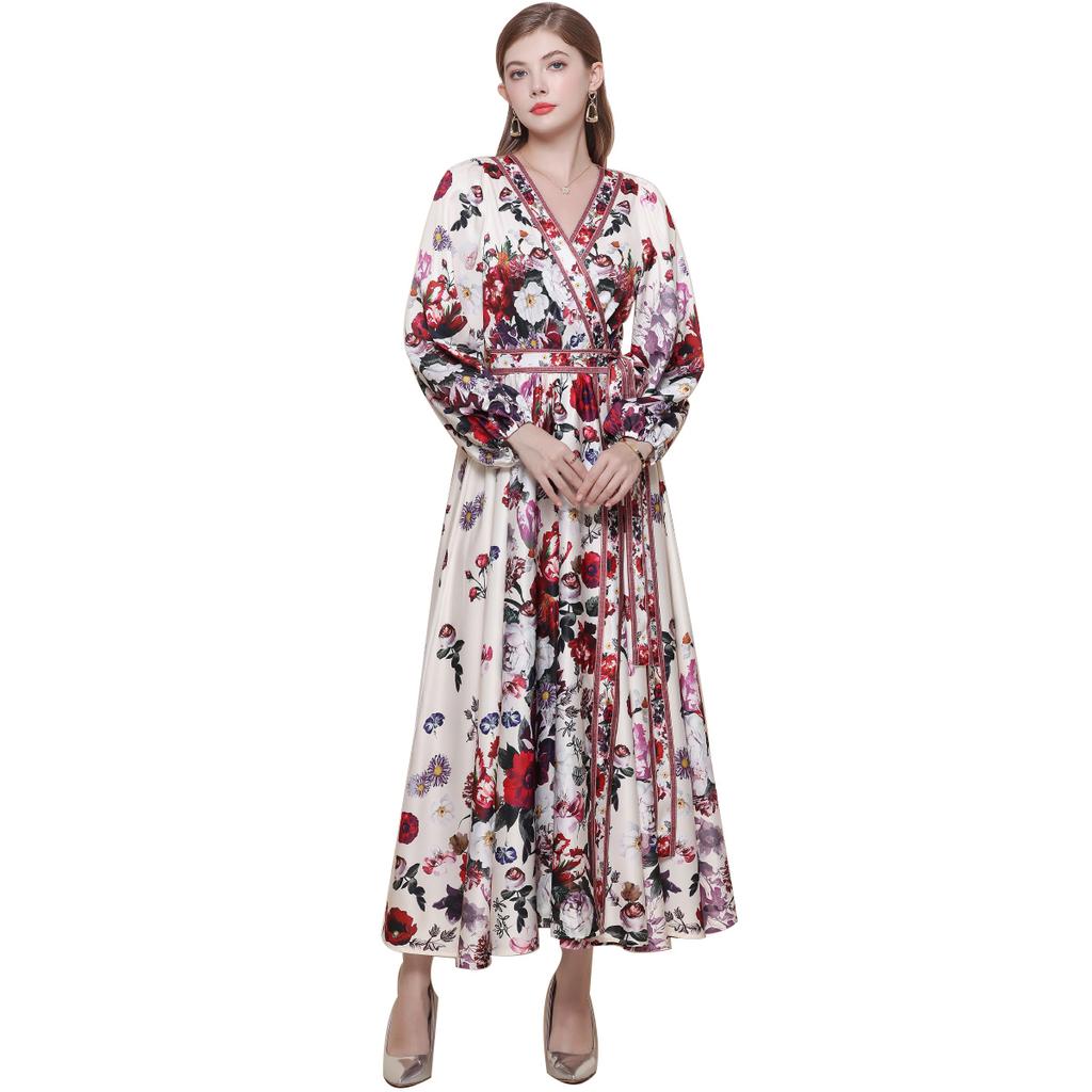 Весенние Винтажные Цветочные Макси-Платья для Женщин Подиумные Скрещенный V-образный Вырез Длинный Рукав-Фонарик Пояса Пляжное Праздничное Платье Бохо Халат