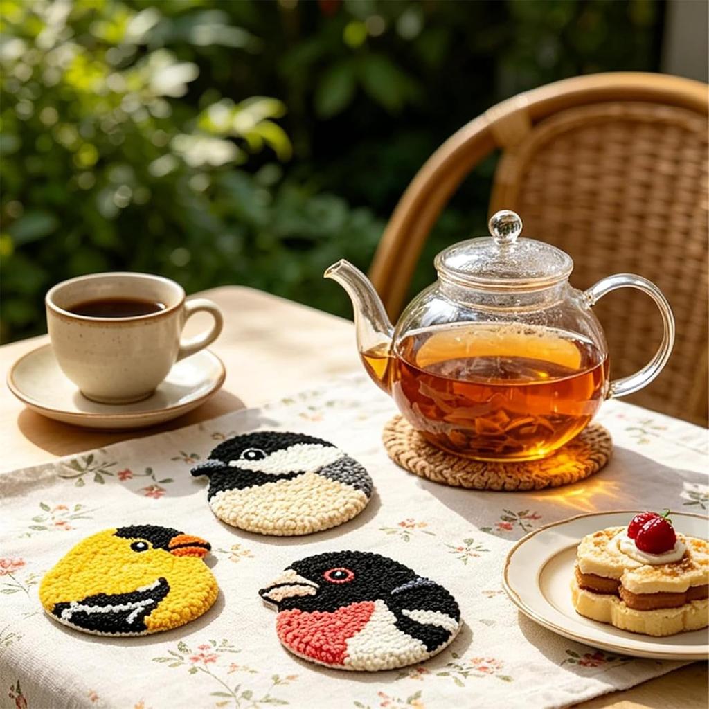 6 PCS DIY Bird Coasters Punch Needle Kit With Hoop Yarn & Patterns Handmade Tufted Bird Mug Rug Craft Set For Adults Stress Relief Home Decor Gift