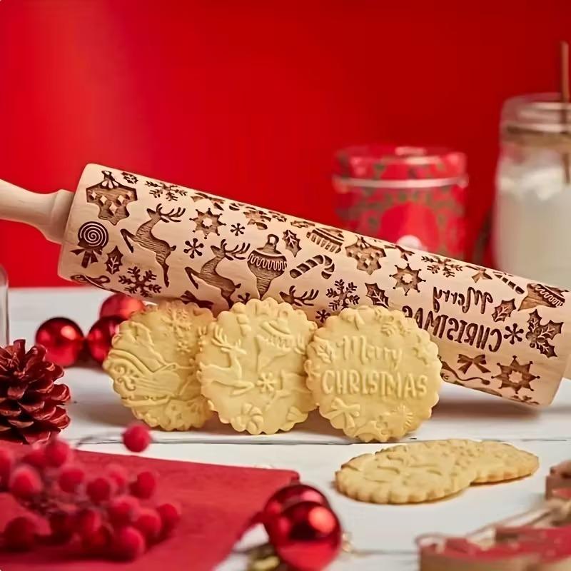 Embossed Snowflake Rolling Pin Christmas Baking Tool Cookie Dough Fondant Pattern Kitchen Accessory Christmas Gift for Baking