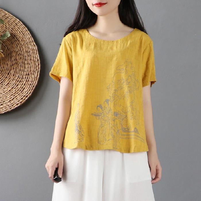 Топ из хлопка и льна в китайском стиле в стиле ретро для женщин на лето, новая свободная повседневная футболка большого размера с короткими рукавами и круглым вырезом
