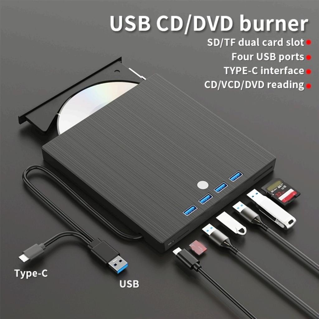 Внешний DVD-привод 8-в-1 USB 3.0, Ультратонкий портативный записывающий привод Type-C, Чтение, Запись, Воспроизведение CD/DVD для ПК с Windows, Mac и Linux