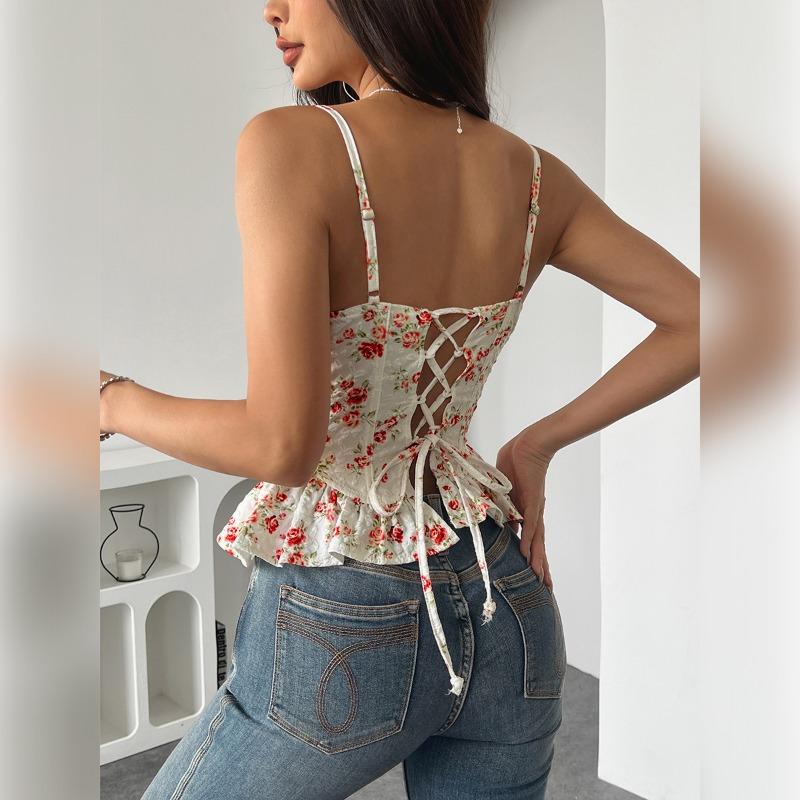 Women's Summer Flower Irregular Flounces Slim New Sexy Backless Lace Up Wrap Top