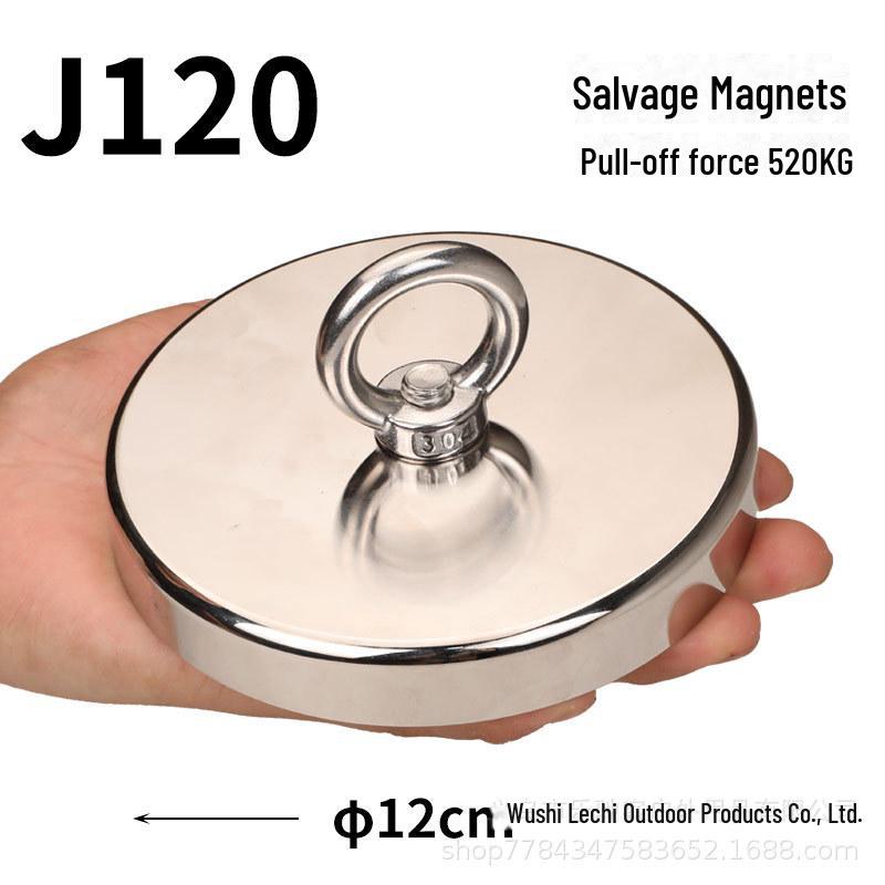 Мощный магнитный спасательный магнит J48 с магнитом NdFeB, основанием с присоской и подъемным кольцом для надежного удержания и фиксации.