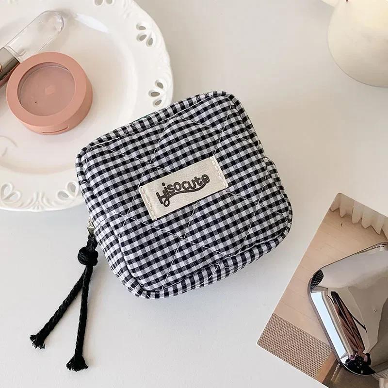 Мини-клетчатая многофункциональная косметичка для хранения помады, минималистичный клетчатый косметичка из полиэстера, маленький кошелек для монет на молнии