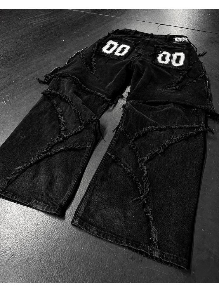 Мода Америка ретро-стрит молния пэчворк мешковатые джинсы мужские Y2k полоса вышивка сращивание черные джинсовые брюки хип-хоп джинсы