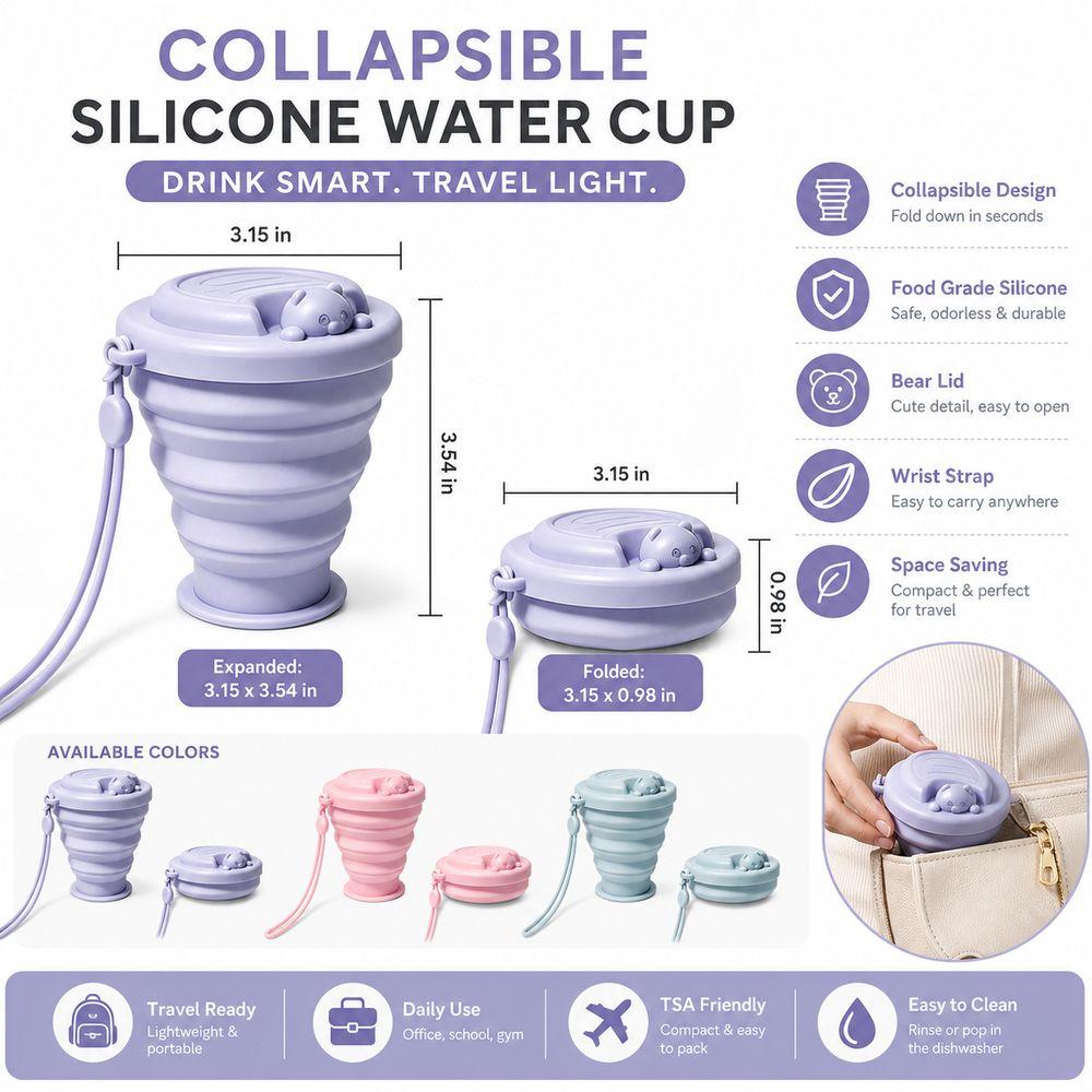 Silicone Collapsible Water Cup Portable with Wrist Strap Folding Water Bottle Cartoon Bear Lid Leakproof Portable Drinking Cup