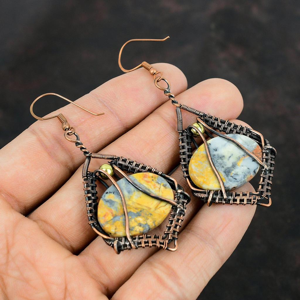 Серьги из яшмы Малигано Серьги с медной проволокой, обмотанные медью, ювелирные изделия ручной работы из меди, серьги с драгоценными камнями, подарки на годовщину, замечательные ювелирные изделия с проволокой