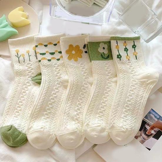 5 Pairs Women Socks Refreshing Flower Prints Mid-tube Shallow-cut High Elasticity Soft Breathable Sweat Absorption Anti-slip Girls Daily Sports Socks