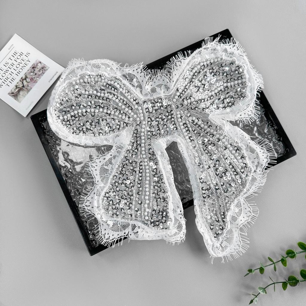 Нежное белое кружево, бусины, бант, нашивка, одежда, платье, топ, декоративная тканевая наклейка, аксессуары