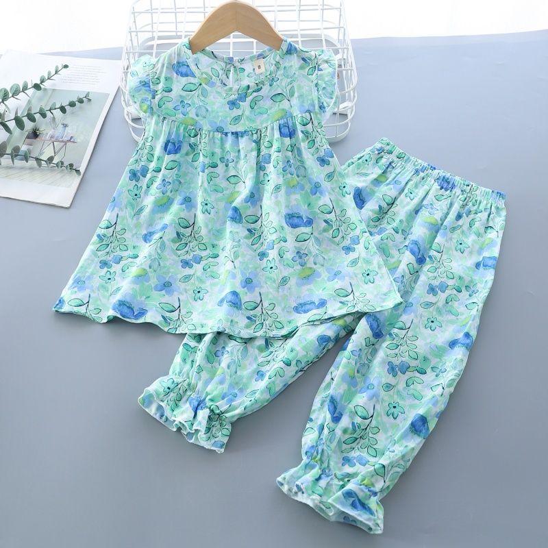 Girls' Summer Flying Sleeve Seven Part Pants Set Children's Two-piece Set Baby Pajamas