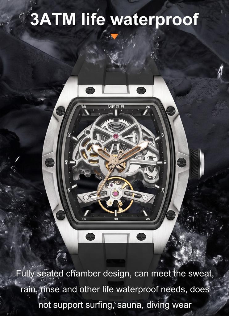 MEGIR Luxury Brand Sport Watch for Men Silicone Mechanical Watches Hollow Full Automatic Movement Luminous Wristwatch Clock 2242