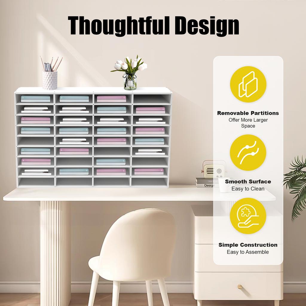 36-Slot White Desktop File Organizer, Modern Rectangular Office Mail Sorter, Large Document Holder, 80kg/176lbs Load-Bearing