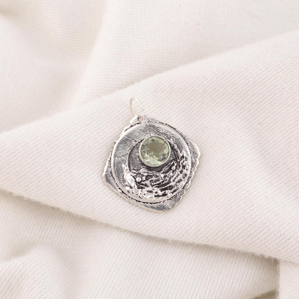 Green Amethyst Gemstone Pendant, 925 Solid Sterling Silver Pendant, Handmade Antique Jewelry, Gift For Mother Day