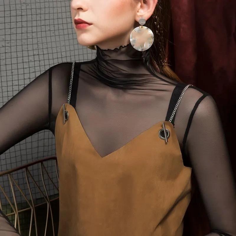 Sexy Women T Shirt See Through Transparent Tops Long Sleeve Sheer Slim Ladies Turtleneck T-Shirt New Arrival Women Pullover