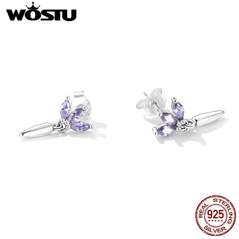 WOSTU Аутентичные серьги-гвоздики из стерлингового серебра 925 пробы с фиолетовым цирконием и крестами и листьями для женщин, модный комплект украшений из блестящего циркона