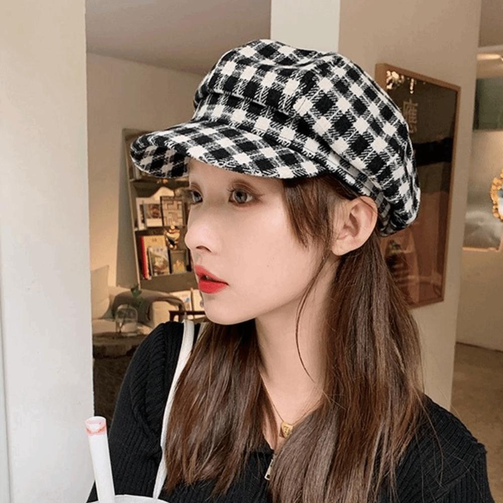Small Fragrant Style Women Painter Hat Korean Style Women Octagonal Cap Plaid Beret Hat  Outdoor