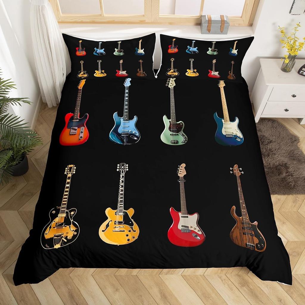 Guitar Duvet Cover Twin,Modern Music Themed Bedding Set Kids Cool Hip Pop Inspired Bed Cover,Musical Instrument Comforter Cover