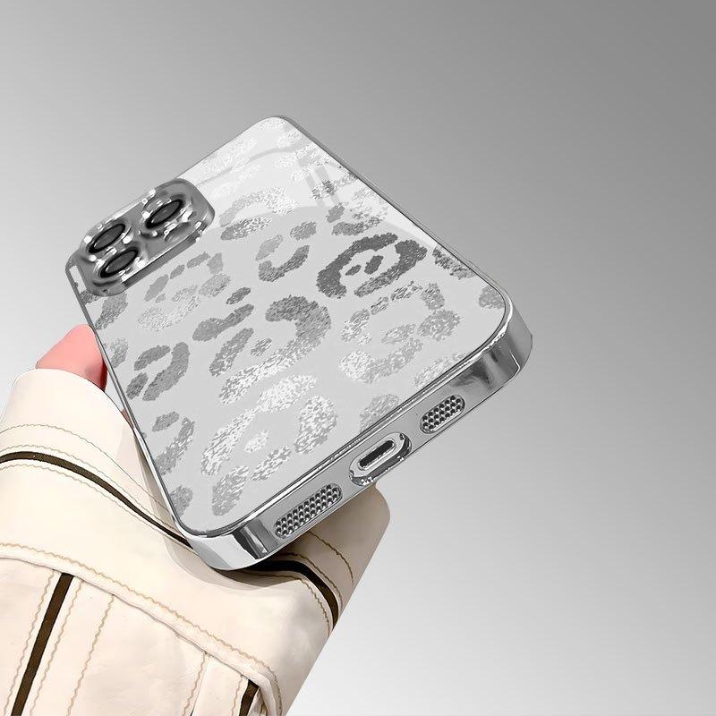 Серый чехол для телефона со стеклянным покрытием и принтом леопарда для iPhone 11 12 13 14 15 16 17 Pro Max 14 Plus 17 Air Посеребренная крышка