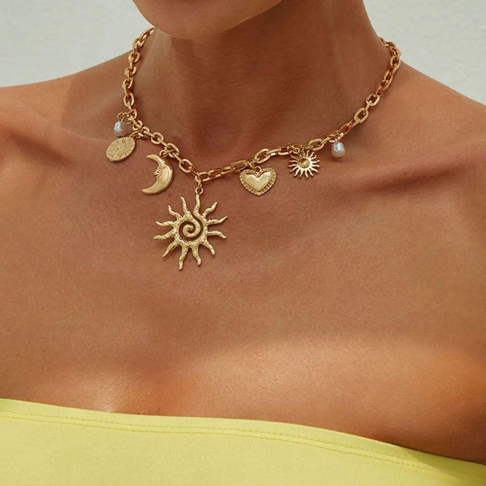 Fashion Chains Choker Heart Exaggeration Necklace Trendy Sun Moon Pendant  Beach