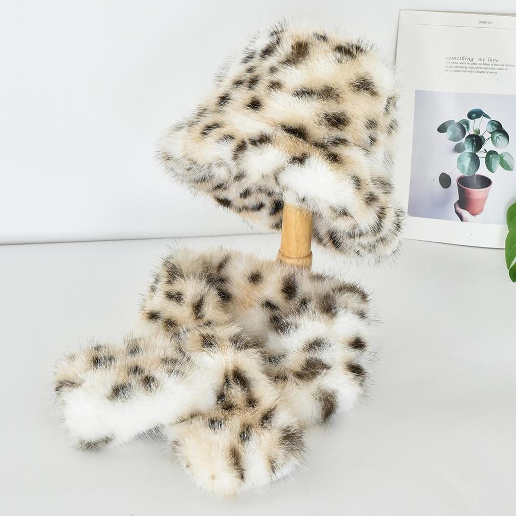 Женский набор: шапка-ведро и шарф из искусственного меха норки, классический леопардовый принт, теплый набор из веганского искусственного меха, шапка и шарф из искусственного меха для зимы