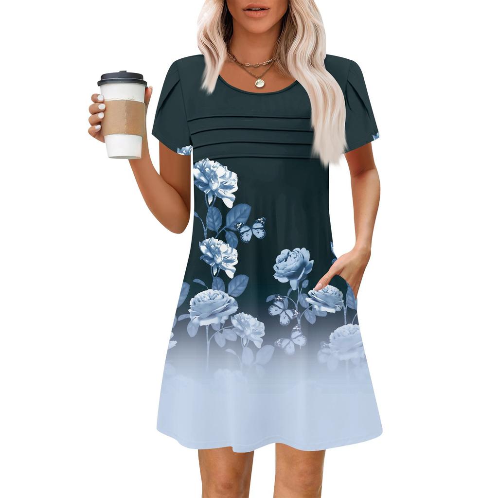 Women's Summer Casual Petal Slim Stripe Pleated Solid Color Dresses