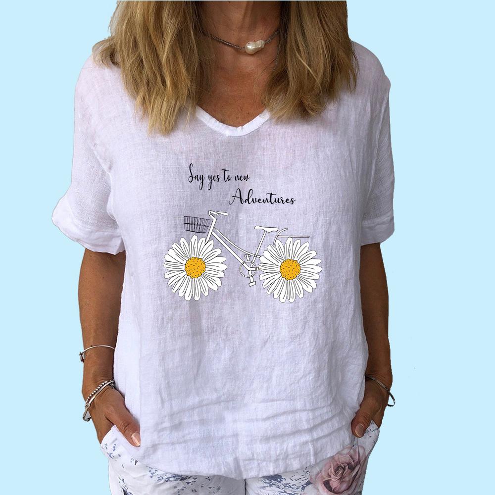 Женская модная хлопковая льняная футболка, повседневная футболка с V-образным вырезом и коротким рукавом, женская футболка с цветочным принтом