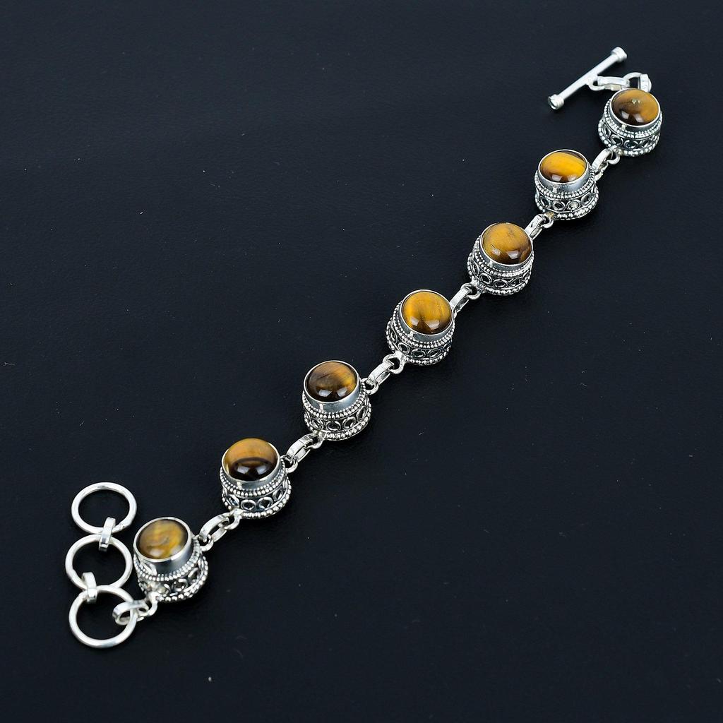 Natural Tiger Eye Bracelet 925 Sterling Silver Bracelet Adjustable Chain Bracelet Handmade Boho Bracelet Gemstone Jewelry Engagement Gifts
