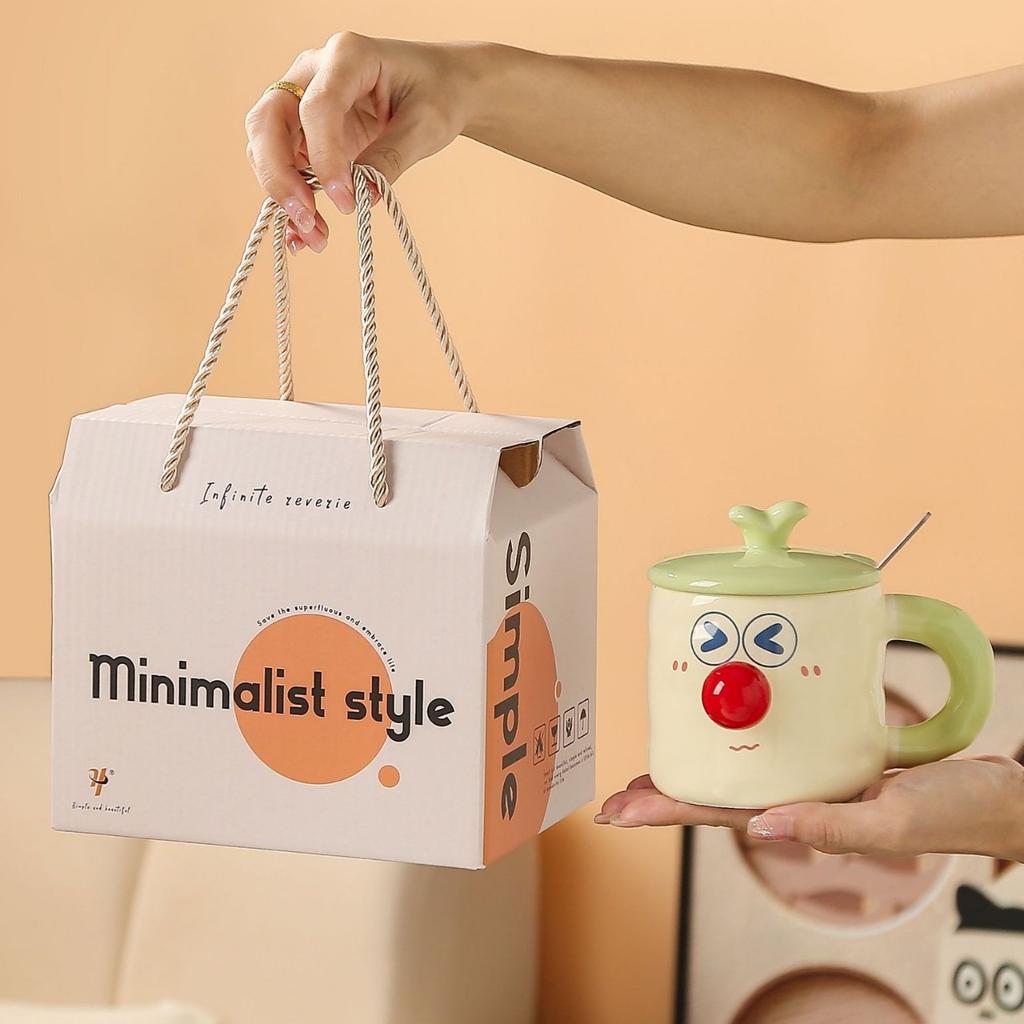 Cute Cartoon Ceramic Water Cups Couple Covered Mugs  Funny Expression Cups  Practical Gift Cups for Girls