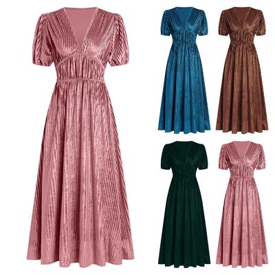 Женское однотонное платье с коротким рукавом, сексуальное бархатное, с V-образным вырезом, вечернее платье с высокой талией