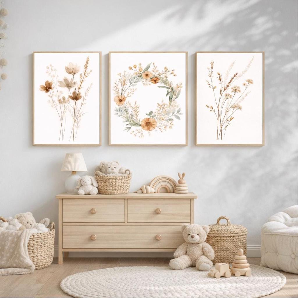 Boho Watercolor Wildflower Canvas Wall Art Set,Botanical Wreath Prints, Minimalist Nursery Living Room Bedroom Home Decor Gifts