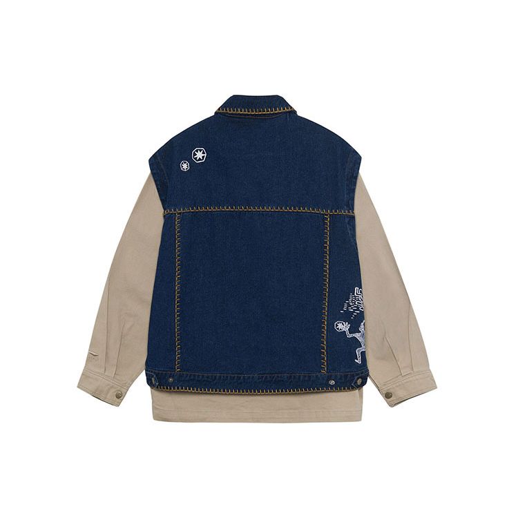 Li Ning Color Block Washed Loose Denim Jacket Men Jackets Dusty-Earth Denim-Blue AFDR823-1