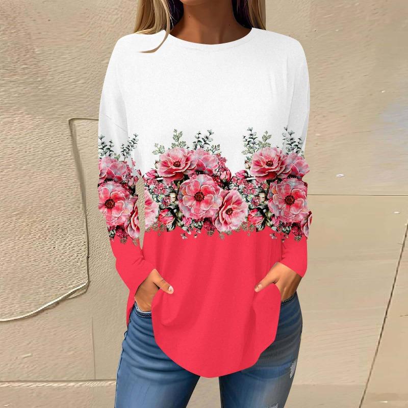 Повседневный топ с круглым вырезом и длинным рукавом, цветочная модная женская футболка большого размера с 3D-принтом, женские осенние свободные топы