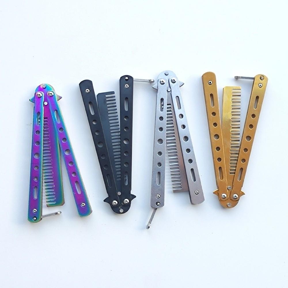 Stainless Steel Beard Comb Foldable Hairdressing Comb New Butterfly Knife Comb  Photo Props